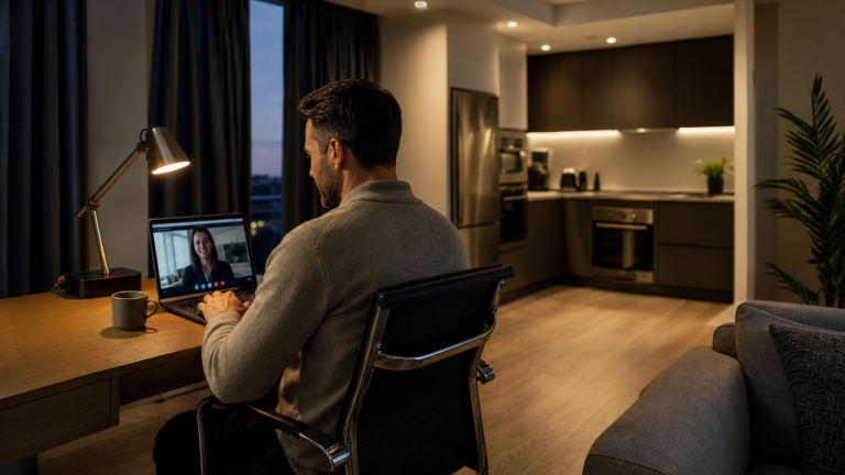 Modern corporate serviced apartment workspace with desk, ergonomic chair and natural daylight