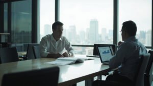 Corporate housing team meeting room with laptop and meeting notes — Topstay.uk