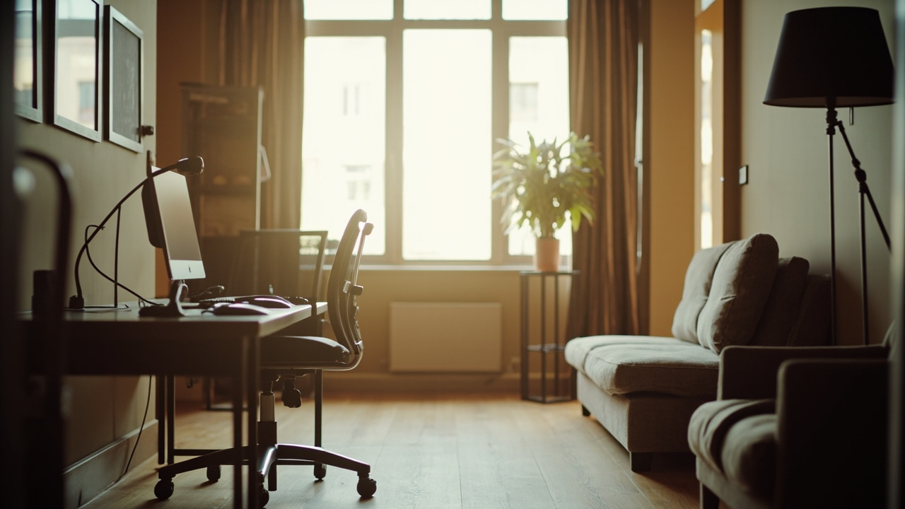 Illustration of a serviced apartment with separate living and workspace showing the second-home effect on UK assignments