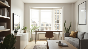 Serviced apartment living room with sofa and workspace — UK long-assignment recovery from burnout
