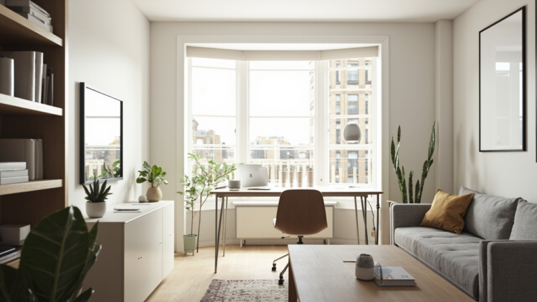 Serviced apartment living room with sofa and workspace — UK long-assignment recovery from burnout